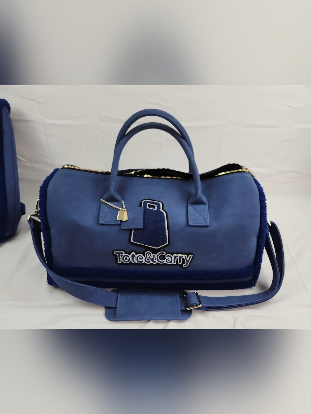 Tote And Carry Duffel Bag Blue Suede Shoulder Strap Gold Accent 2014 Collection